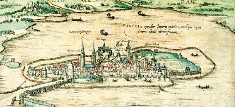 Ein sehr alter Stich der Insel Lindau, vom Festland her gesehen. Zum Vergrößern klicken